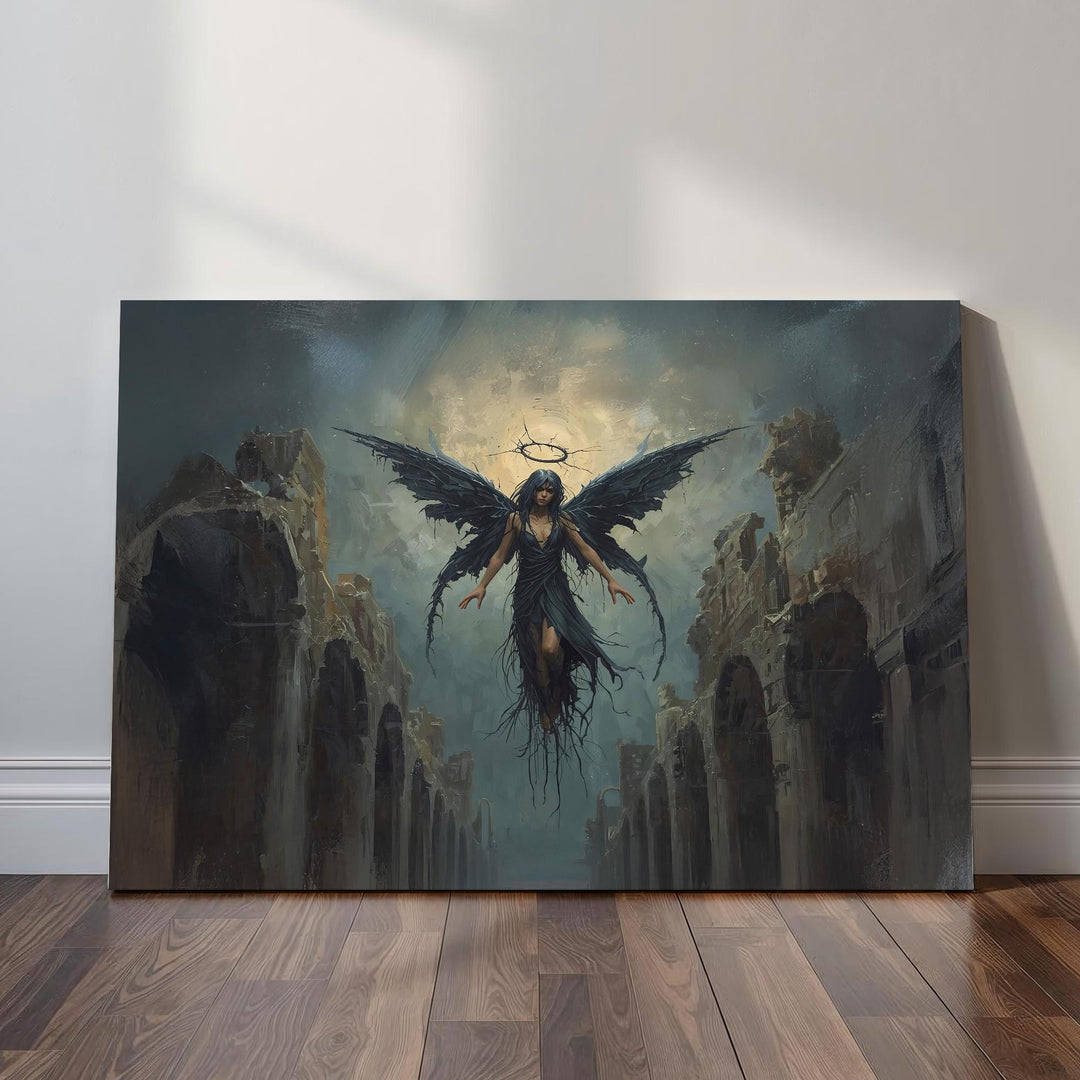 Dark fantasy wall art featuring a fallen angel with tattered black wings floating in a glowing sky above ruined stone arches, surrounded by dramatic shadows and atmospheric lighting.