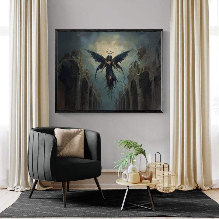 Dark fantasy fallen angel over ruins.