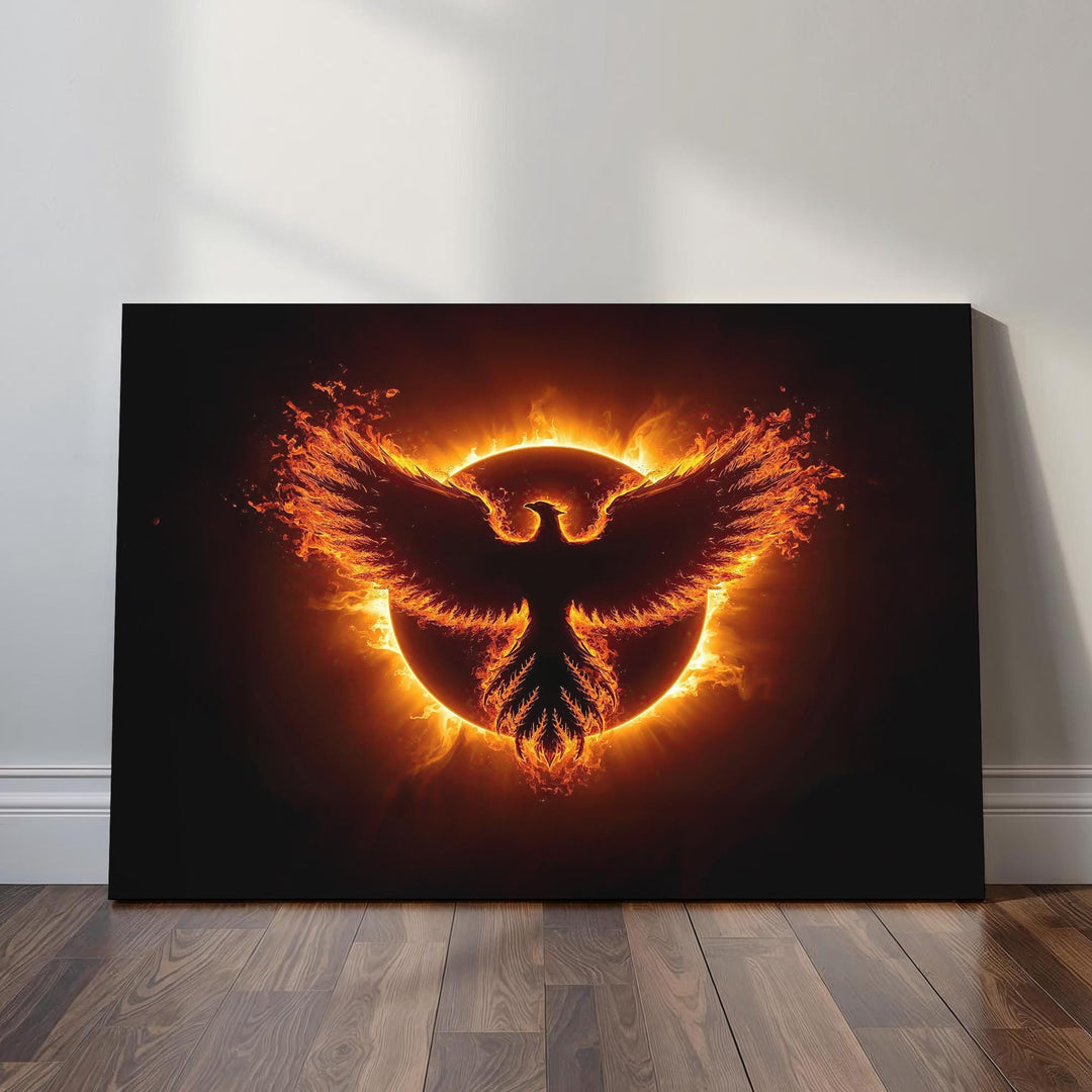 Phoenix wall art depicting a powerful firebird formed from flames, spreading its wings before a dramatic glowing eclipse symbolizing rebirth and transformation.