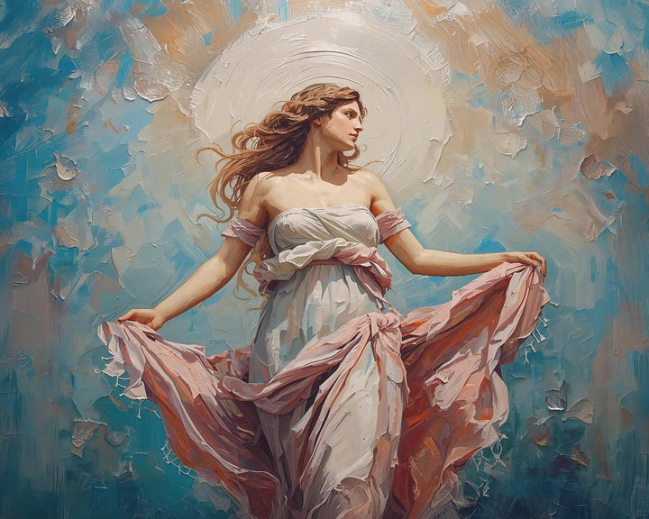 venus goddess wall art inspired by Venus, featuring a graceful feminine figure with flowing dress, soft pastel tones, and a calm romantic atmosphere in a painterly classical fantasy style