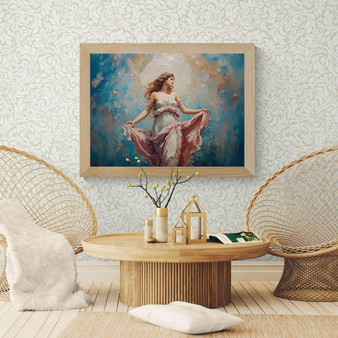 venus goddess wall art inspired by Venus, featuring a graceful feminine figure with flowing dress, soft pastel tones, and a calm romantic atmosphere in a painterly classical fantasy style
