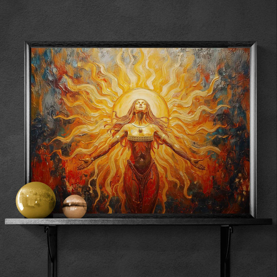 sun goddess wall art featuring a radiant feminine figure surrounded by golden solar light and flowing energy in a painterly fantasy style