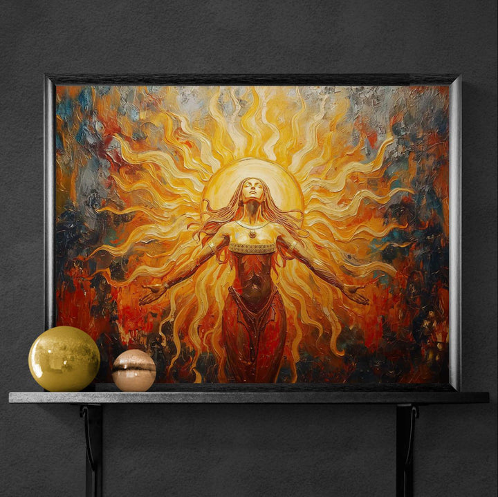 sun goddess wall art featuring a radiant feminine figure surrounded by golden solar light and flowing energy in a painterly fantasy style