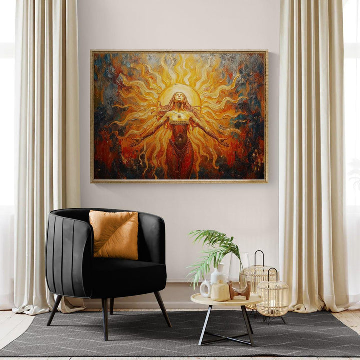 sun goddess wall art featuring a radiant feminine figure surrounded by golden solar light and flowing energy in a painterly fantasy style