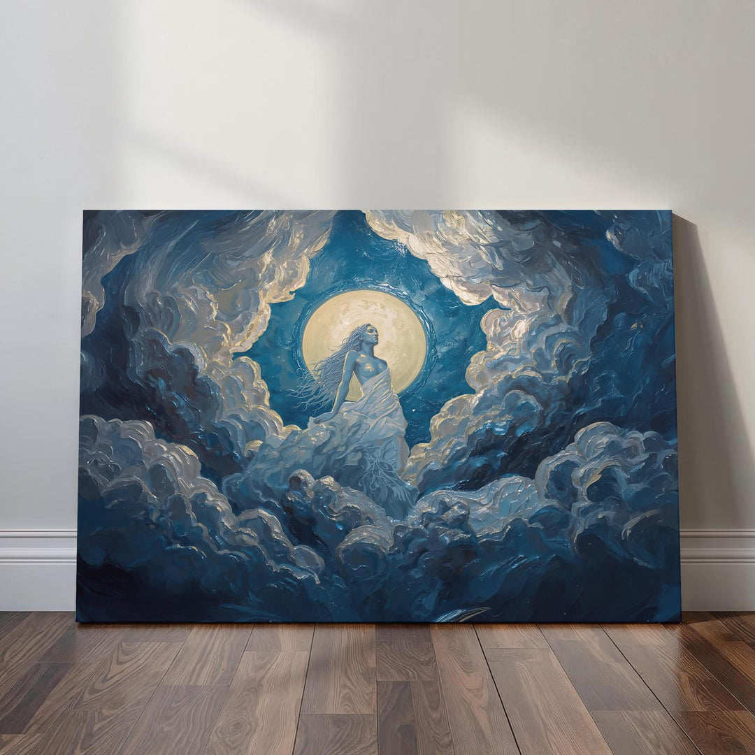 lunar goddess wall art featuring a serene divine feminine figure standing beneath a glowing full moon surrounded by swirling clouds in an ethereal celestial fantasy style