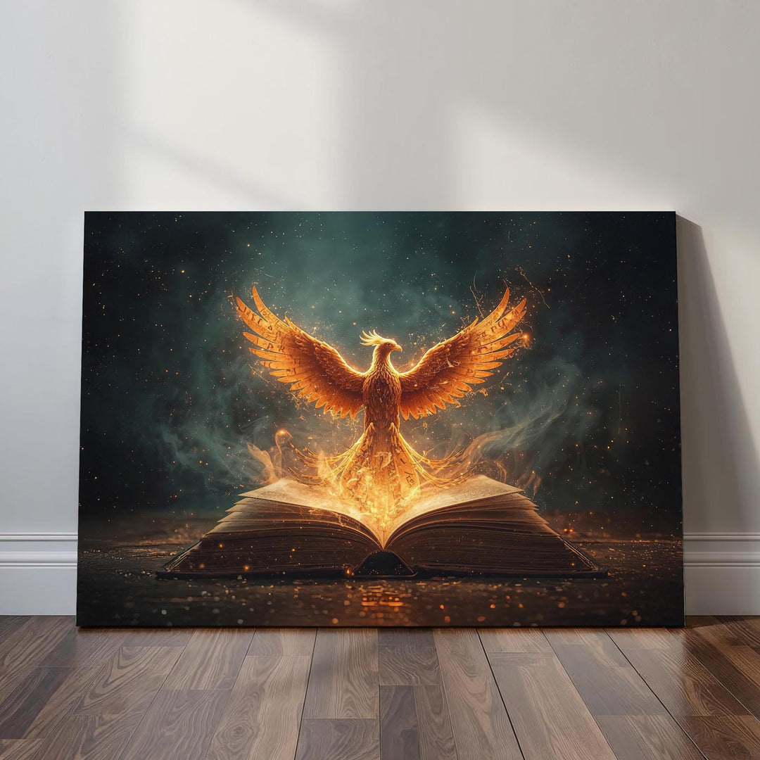 A glowing phoenix rises from an ancient open book surrounded by embers and magical light, creating a powerful fantasy wall art symbolizing rebirth, knowledge, and transformation