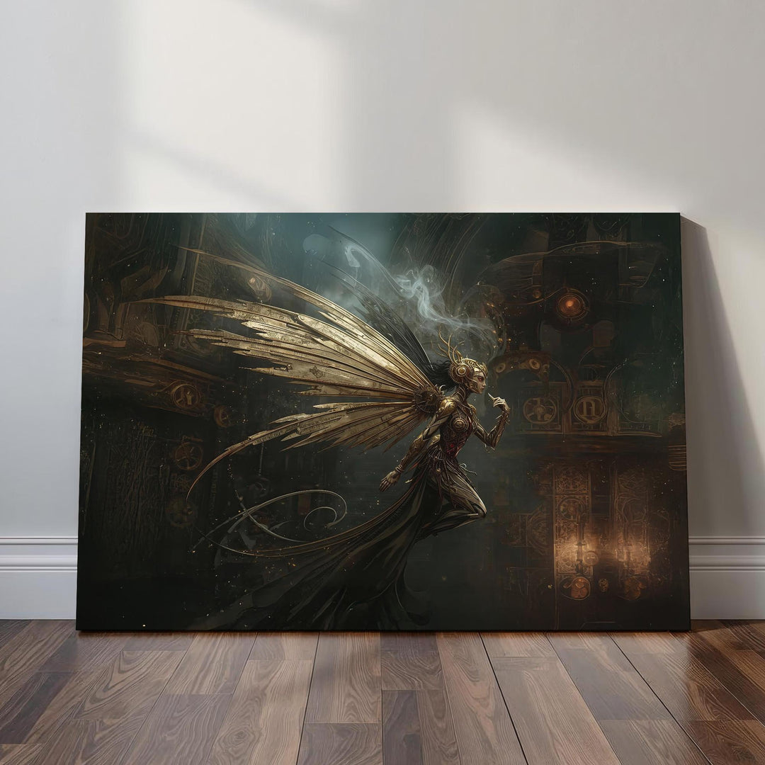Steampunk angel wall art depicting a dark fantasy mechanical angel with intricate brass wings, gothic atmosphere, and industrial steampunk design.