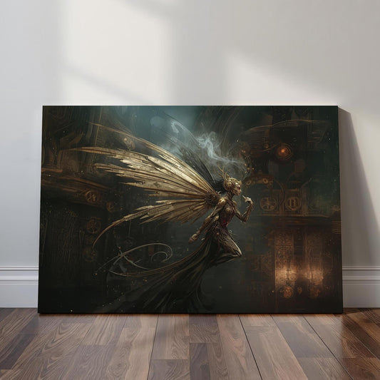 Steampunk angel wall art depicting a dark fantasy mechanical angel with intricate brass wings, gothic atmosphere, and industrial steampunk design.