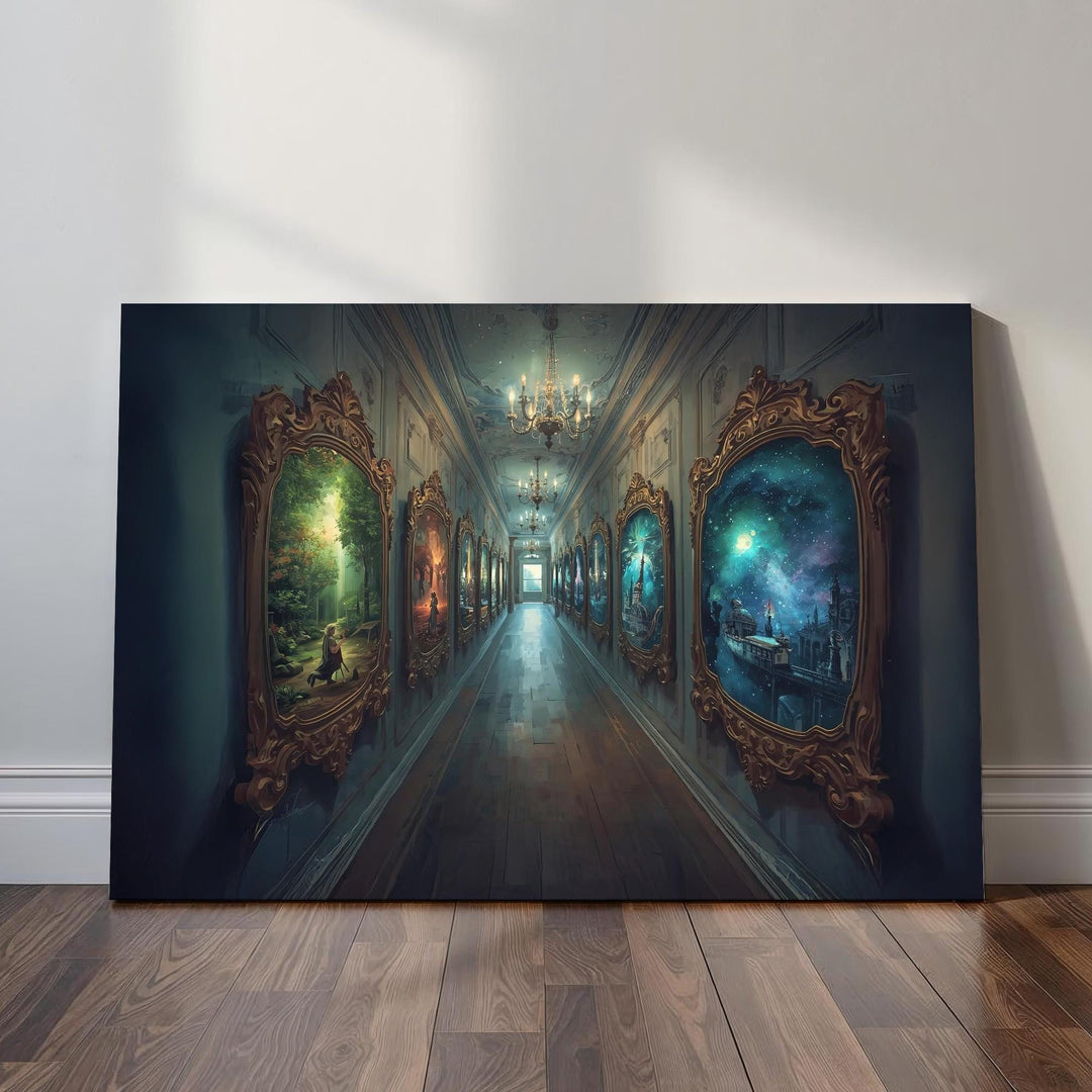 Enchanted mirror wall art featuring a liminal dreamcore corridor lined with ornate mirrors reflecting silent forests, distant cities, and glowing surreal worlds