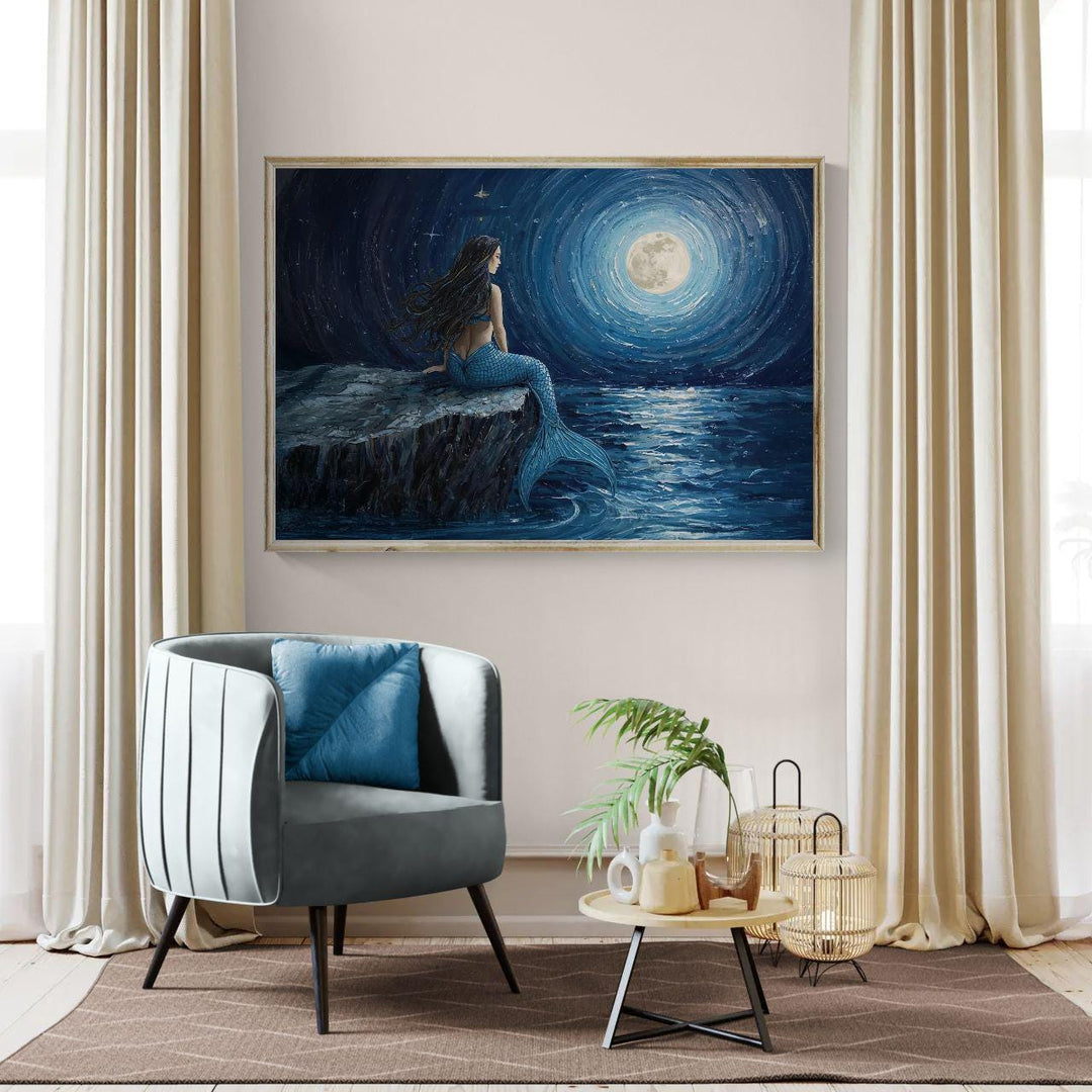 Night ocean mermaid wall art featuring a solitary mermaid seated by the sea at night beneath a glowing moon, painted in deep blue tones with a calm, mystical atmosphere