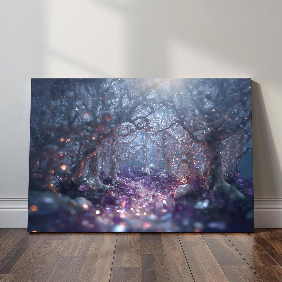 Crystal forest fantasy wall art featuring an enchanted woodland filled with glowing crystals, shimmering light, and intertwined trees in a dreamy, magical landscape