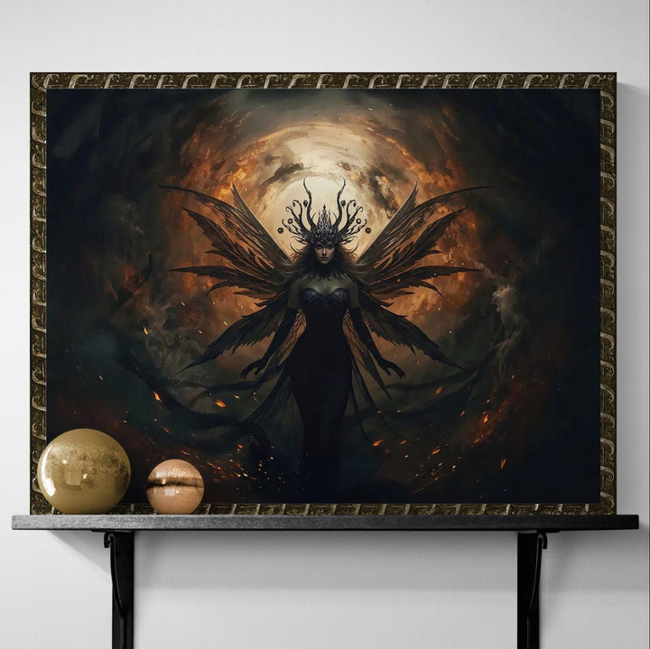 Dark fairy wall art featuring a powerful winged fairy crowned in shadow and fire, set within a dramatic gothic fantasy environment with glowing embers and dark, atmospheric tones