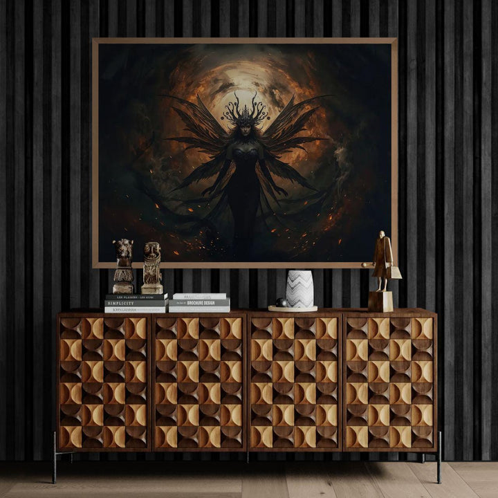 Dark fairy wall art featuring a powerful winged fairy crowned in shadow and fire, set within a dramatic gothic fantasy environment with glowing embers and dark, atmospheric tones