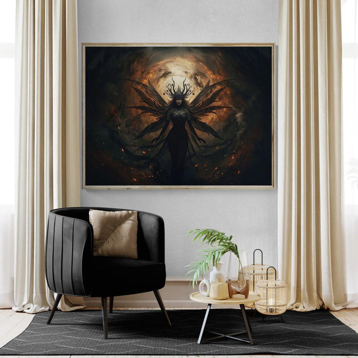 Dark fairy wall art featuring a powerful winged fairy crowned in shadow and fire, set within a dramatic gothic fantasy environment with glowing embers and dark, atmospheric tones
