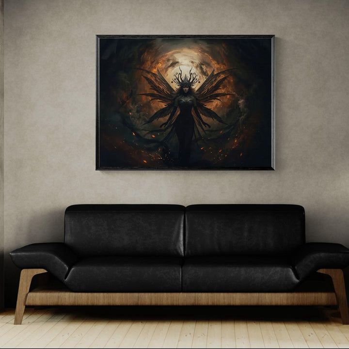 Dark fairy wall art featuring a powerful winged fairy crowned in shadow and fire, set within a dramatic gothic fantasy environment with glowing embers and dark, atmospheric tones