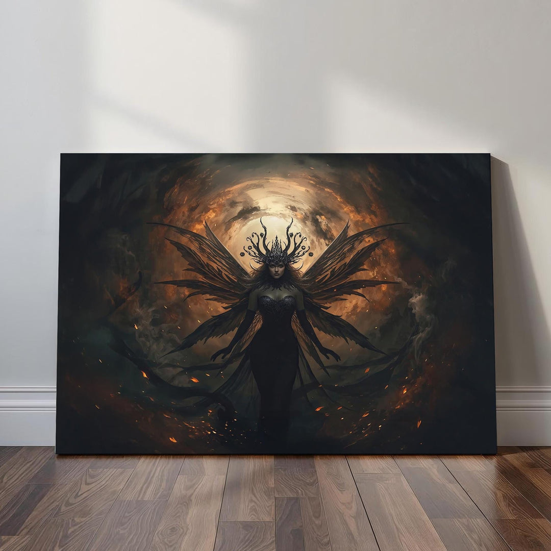 Dark fairy wall art featuring a powerful winged fairy crowned in shadow and fire, set within a dramatic gothic fantasy environment with glowing embers and dark, atmospheric tones