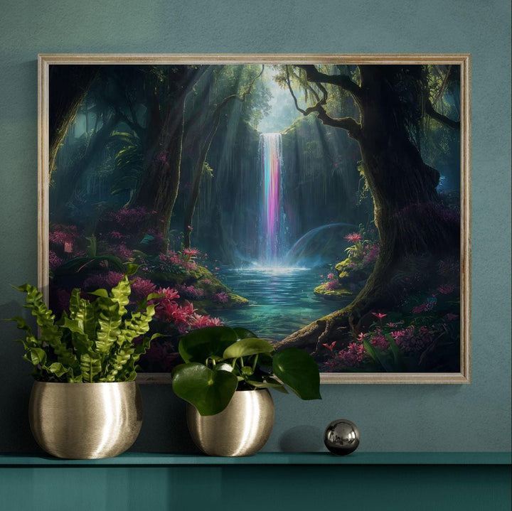 Fantasy forest wall art showing a glowing rainbow waterfall cascading into a serene woodland pool surrounded by lush greenery and pink flowers in an enchanted dreamscape