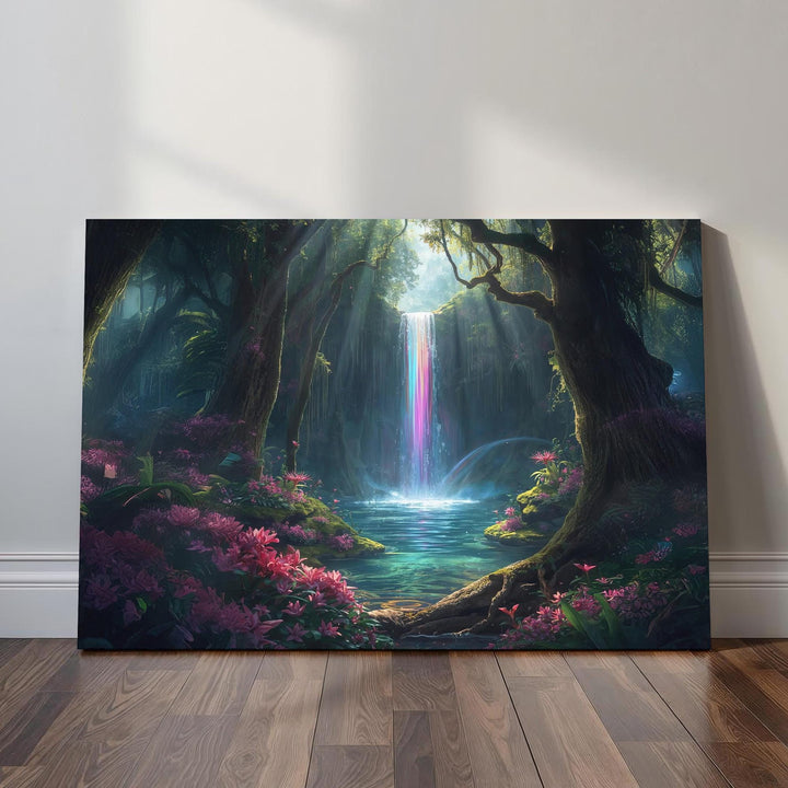 Fantasy forest wall art showing a glowing rainbow waterfall cascading into a serene woodland pool surrounded by lush greenery and pink flowers in an enchanted dreamscape