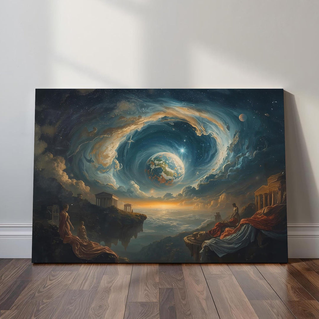 Celestial fantasy art showing a swirling cosmic sky surrounding a glowing planet above mythic temples and clouds, creating a surreal dreamscape wall art scene.