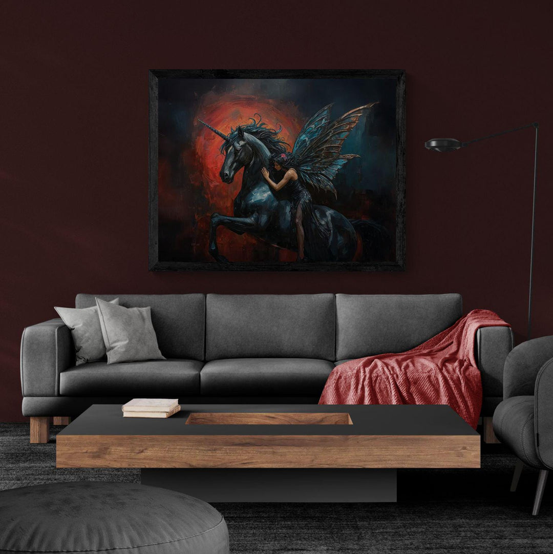 Dark fantasy wall art depicting a mystical unicorn and winged fairy in an emotional gothic dreamscape with deep shadows and glowing red tones