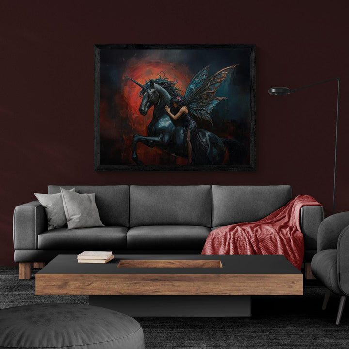 Dark fantasy wall art depicting a mystical unicorn and winged fairy in an emotional gothic dreamscape with deep shadows and glowing red tones