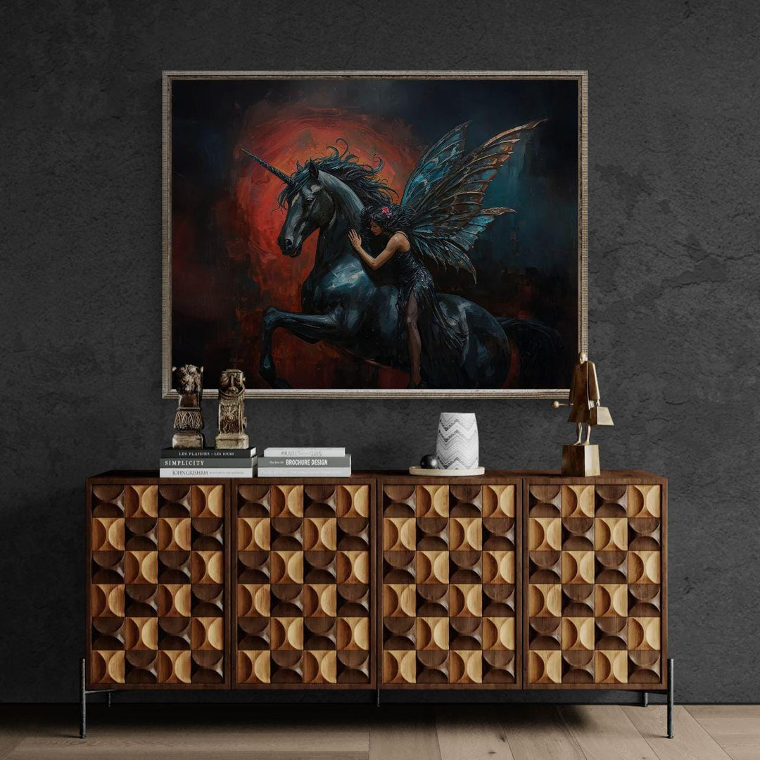 Dark fantasy wall art depicting a mystical unicorn and winged fairy in an emotional gothic dreamscape with deep shadows and glowing red tones