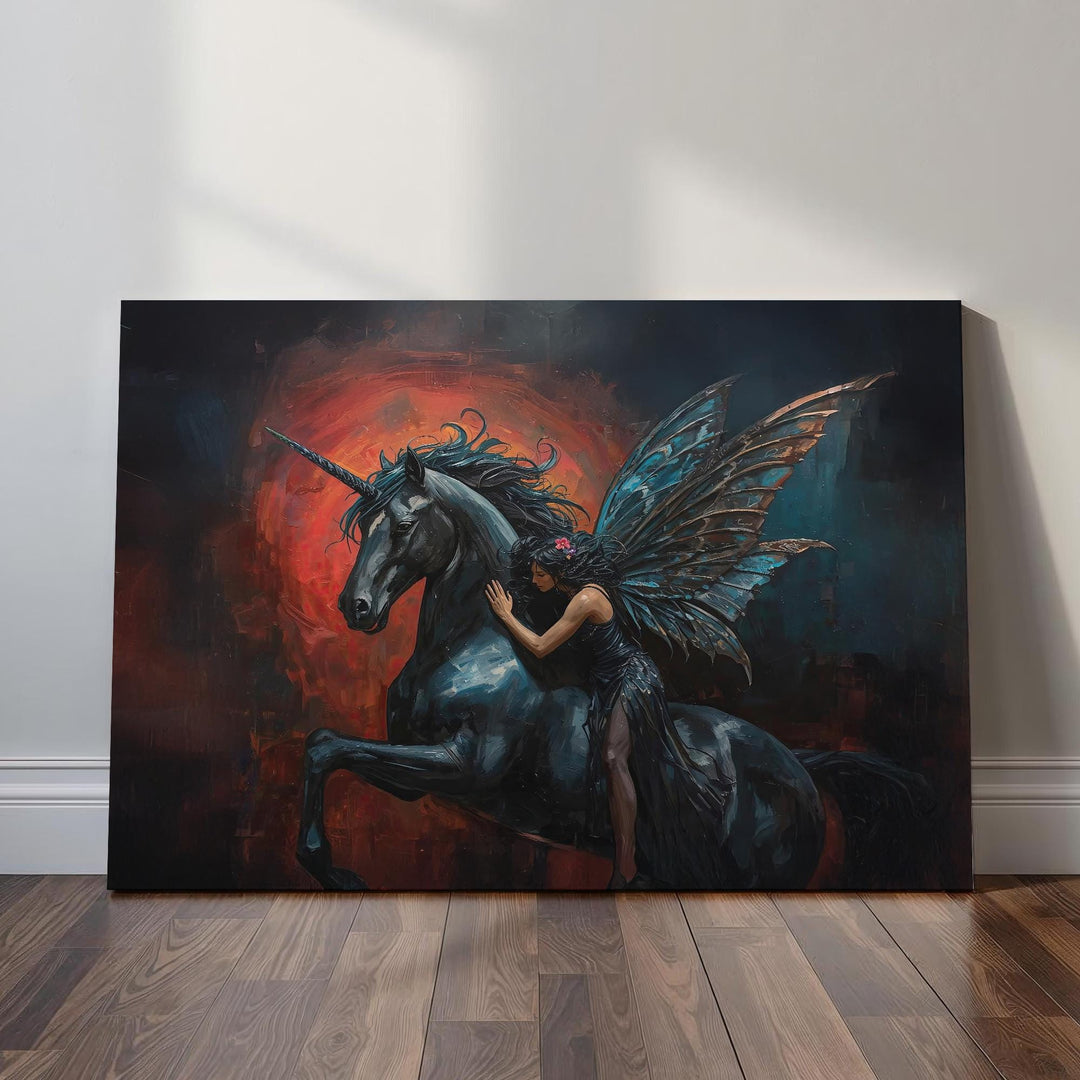 Dark fantasy wall art depicting a mystical unicorn and winged fairy in an emotional gothic dreamscape with deep shadows and glowing red tones