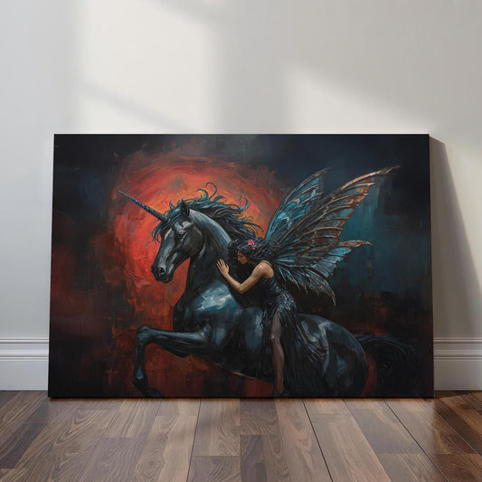 Dark fantasy wall art depicting a mystical unicorn and winged fairy in an emotional gothic dreamscape with deep shadows and glowing red tones