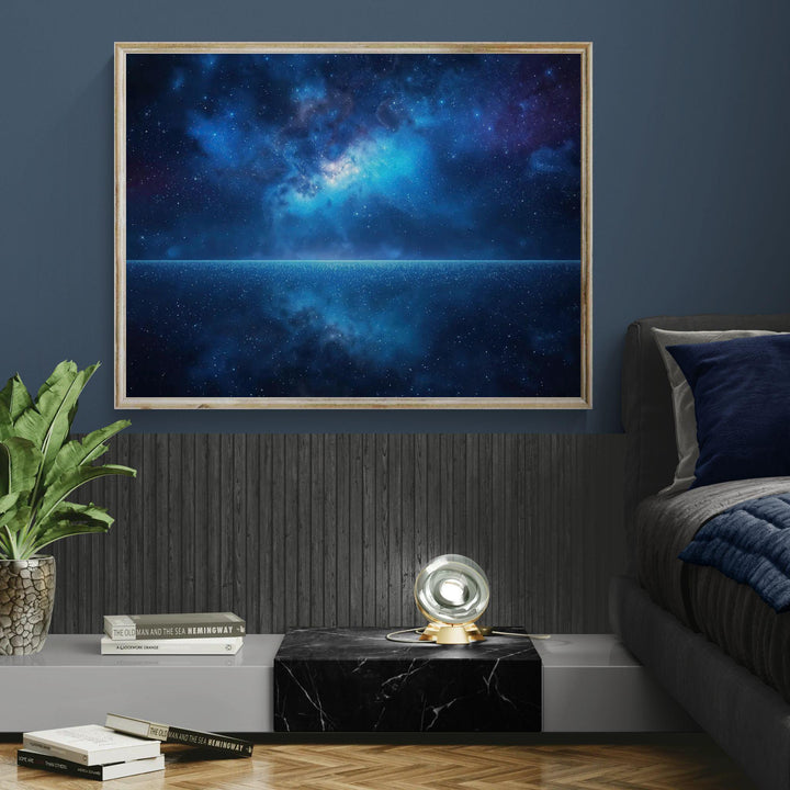 Cosmic celestial wall art featuring a deep blue galaxy horizon beneath stars.