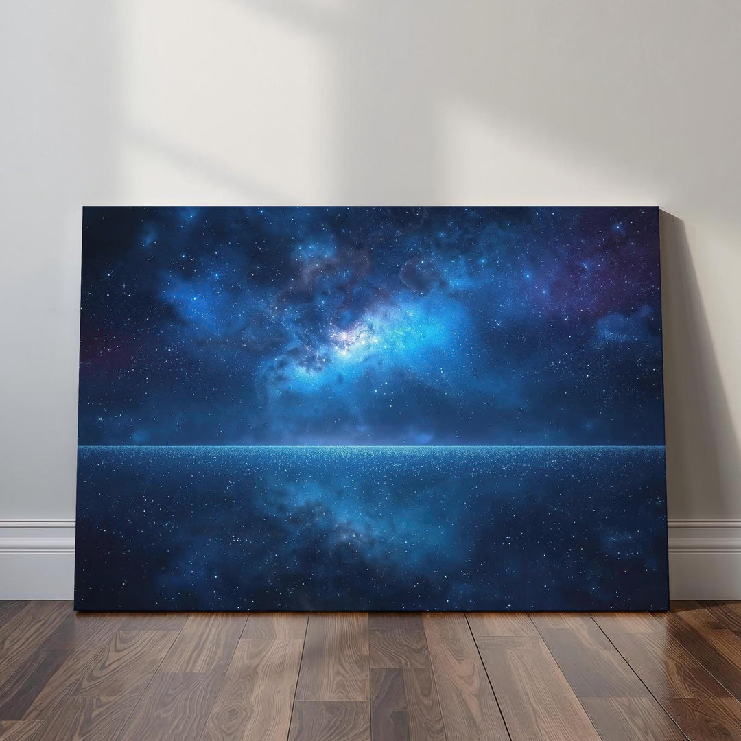 Celestial wall art depicting a luminous cosmic galaxy horizon beneath a vast starry night sky, creating a dreamy and calming celestial atmosphere.