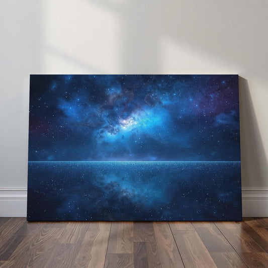 Celestial wall art depicting a luminous cosmic galaxy horizon beneath a vast starry night sky, creating a dreamy and calming celestial atmosphere.