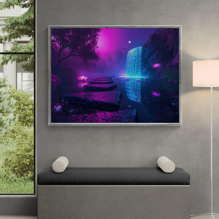 Fantasy waterfall wall art depicting a luminous enchanted garden with glowing lotus flowers, cascading moonlit water, and a dreamy mystical landscape.