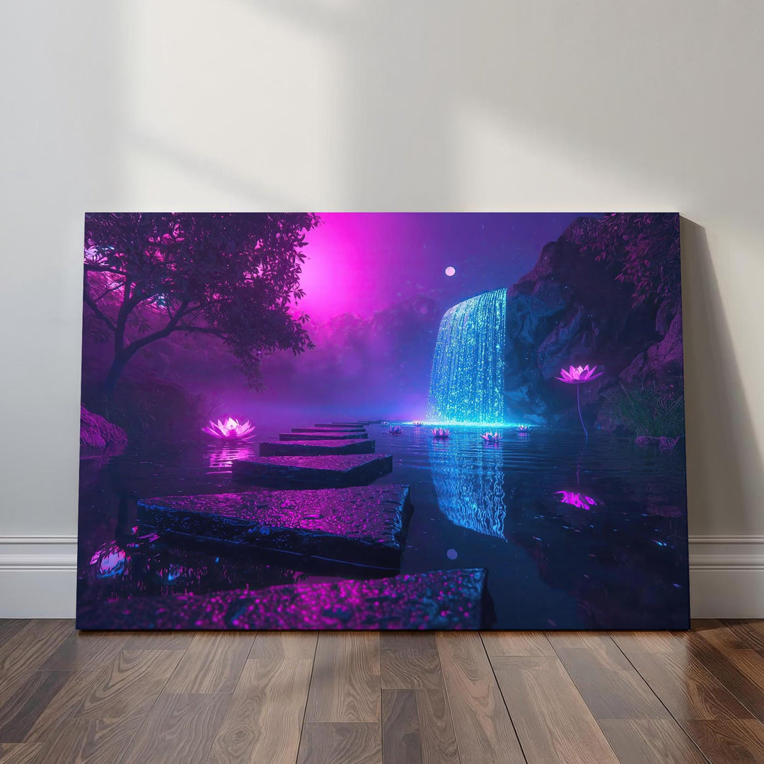 Fantasy waterfall wall art depicting a luminous enchanted garden with glowing lotus flowers, cascading moonlit water, and a dreamy mystical landscape.