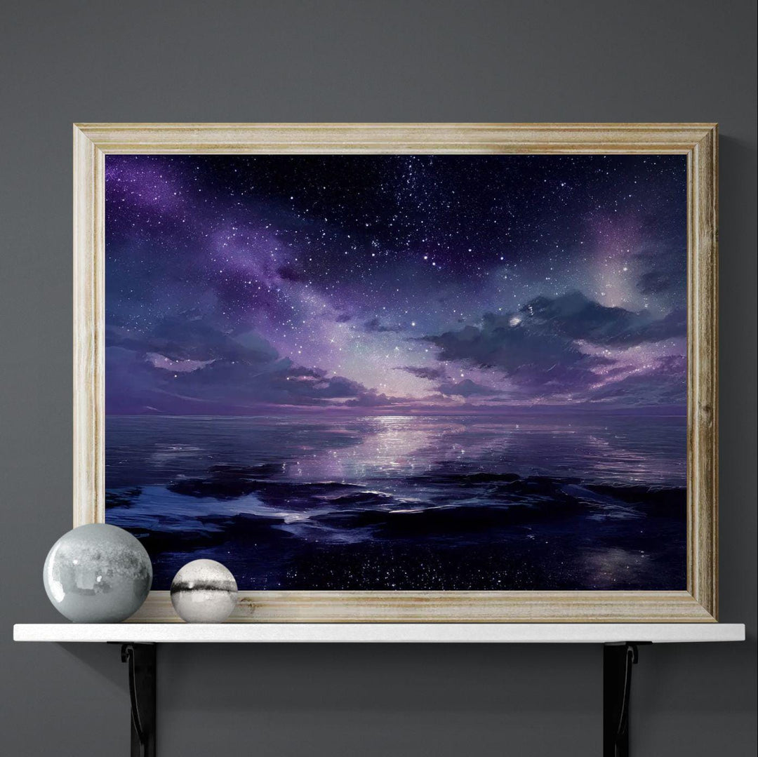 Celestial ocean wall art depicting a calm reflective sea beneath a vast starry night sky, blending cosmic light with serene ocean atmosphere.