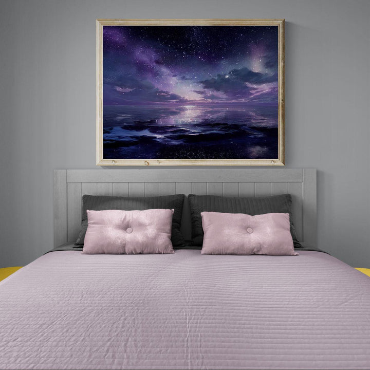Celestial ocean wall art depicting a calm reflective sea beneath a vast starry night sky, blending cosmic light with serene ocean atmosphere.