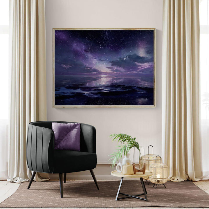 Celestial ocean wall art depicting a calm reflective sea beneath a vast starry night sky, blending cosmic light with serene ocean atmosphere.