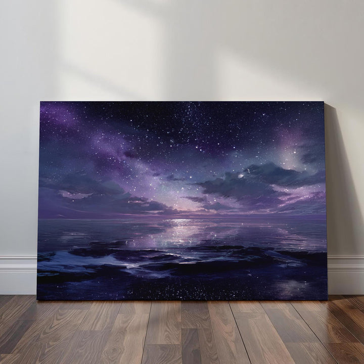 Celestial ocean wall art depicting a calm reflective sea beneath a vast starry night sky, blending cosmic light with serene ocean atmosphere.