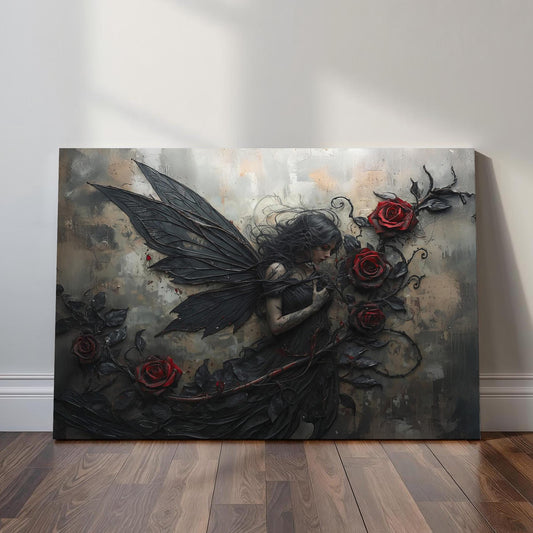 Gothic fairy wall art depicting a dark-winged fairy surrounded by crimson roses, blending romantic melancholy with dramatic gothic fantasy style.