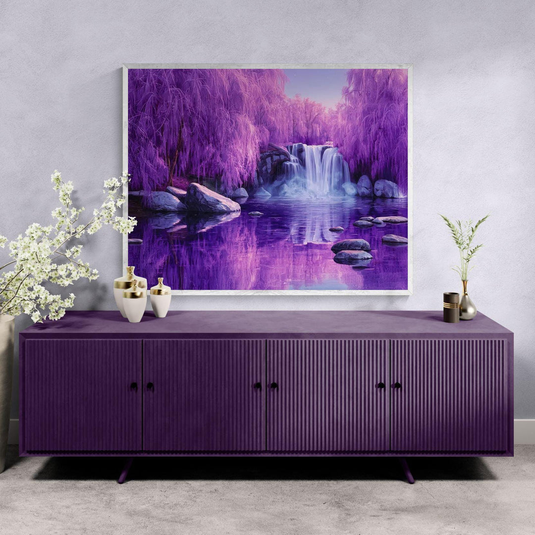 Fantasy landscape wall art showing a dreamy purple forest, flowing waterfall, reflective water, and a peaceful magical atmosphere