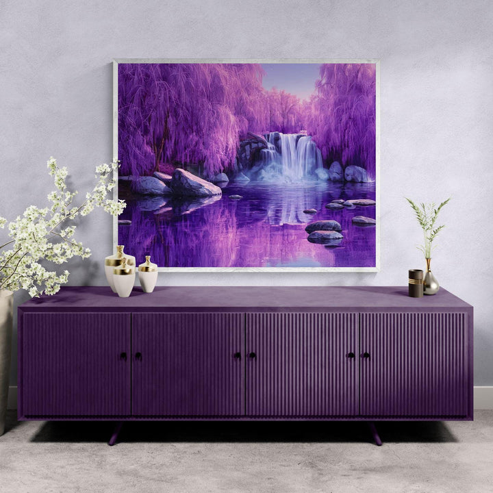 Fantasy landscape wall art showing a dreamy purple forest, flowing waterfall, reflective water, and a peaceful magical atmosphere