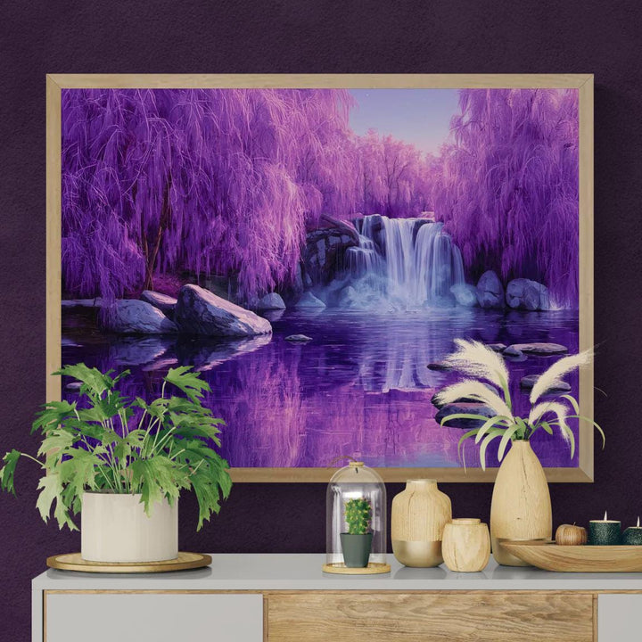 Fantasy landscape wall art showing a dreamy purple forest, flowing waterfall, reflective water, and a peaceful magical atmosphere