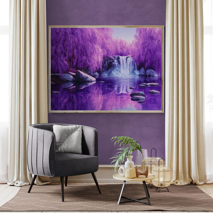 Fantasy landscape wall art showing a dreamy purple forest, flowing waterfall, reflective water, and a peaceful magical atmosphere