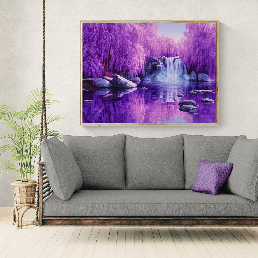 Fantasy landscape wall art showing a dreamy purple forest, flowing waterfall, reflective water, and a peaceful magical atmosphere