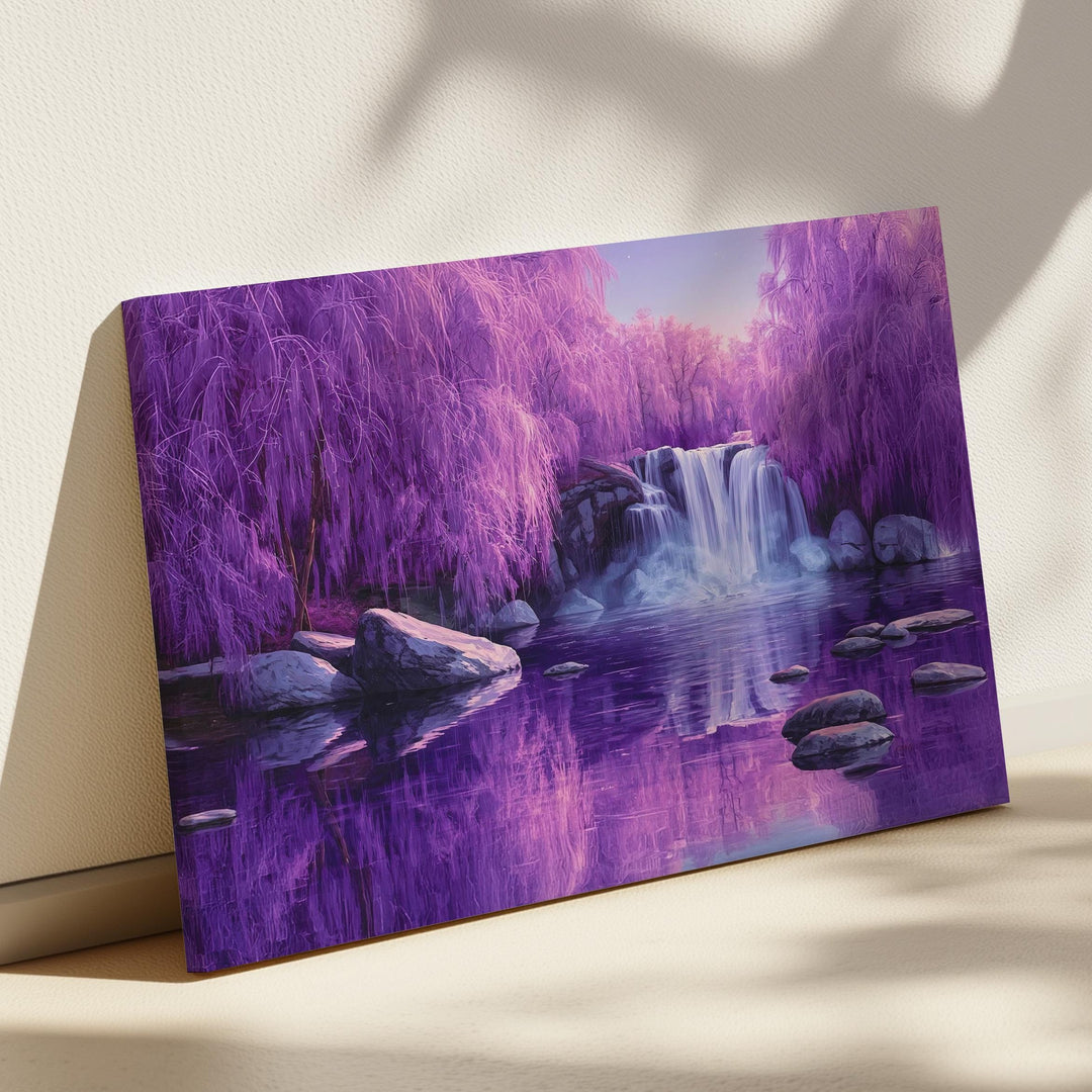 Fantasy landscape wall art showing a dreamy purple forest, flowing waterfall, reflective water, and a peaceful magical atmosphere