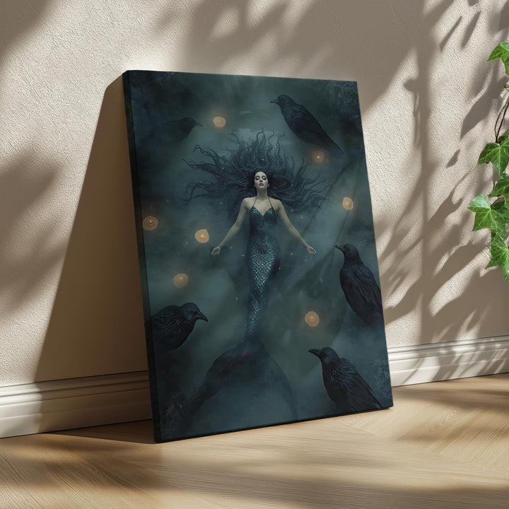 Gothic fantasy wall art featuring a mystical enchantress surrounded by ravens, candlelight, and dark magical atmosphere