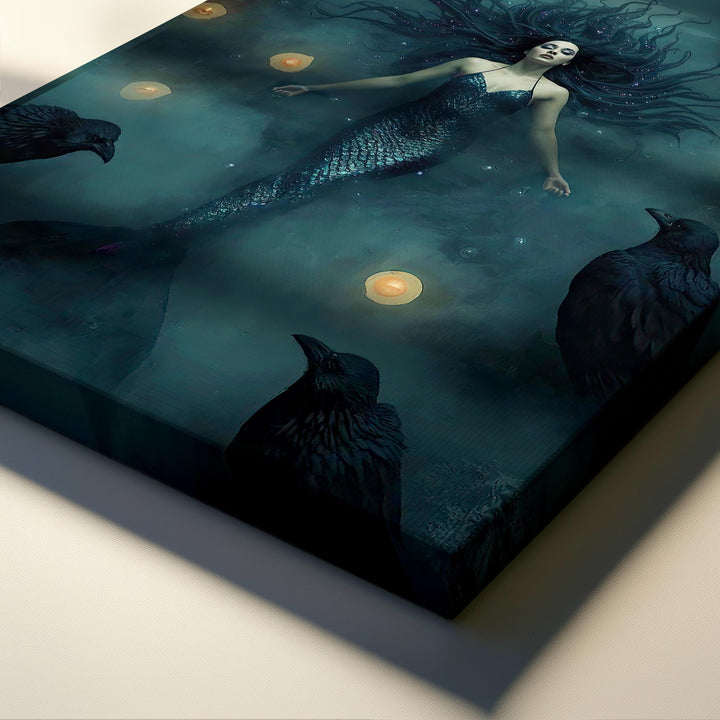 Gothic fantasy wall art featuring a mystical enchantress surrounded by ravens, candlelight, and dark magical atmosphere