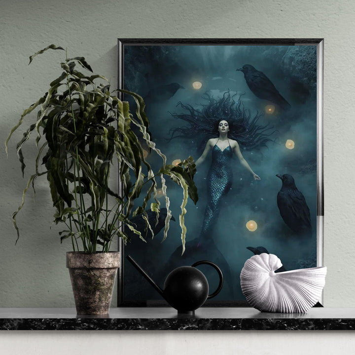 Gothic fantasy wall art featuring a mystical enchantress surrounded by ravens, candlelight, and dark magical atmosphere