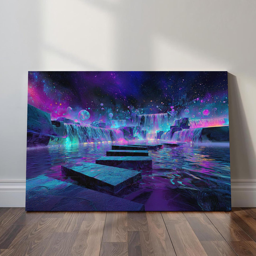 Fantasy waterfall wall art showing luminous neon pools, cascading glowing waterfalls, and a surreal cosmic dreamscape in vibrant purples, blues, and pinks.