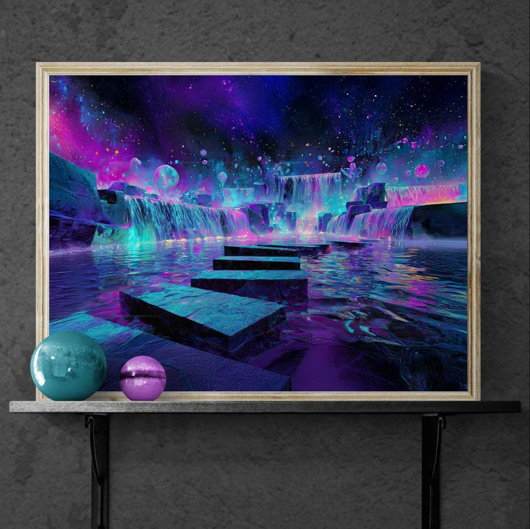 Fantasy waterfall wall art showing luminous neon pools, cascading glowing waterfalls, and a surreal cosmic dreamscape in vibrant purples, blues, and pinks.