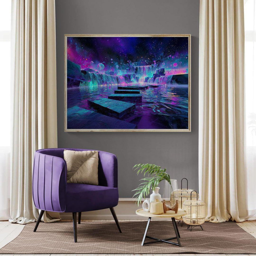 Fantasy waterfall wall art showing luminous neon pools, cascading glowing waterfalls, and a surreal cosmic dreamscape in vibrant purples, blues, and pinks.